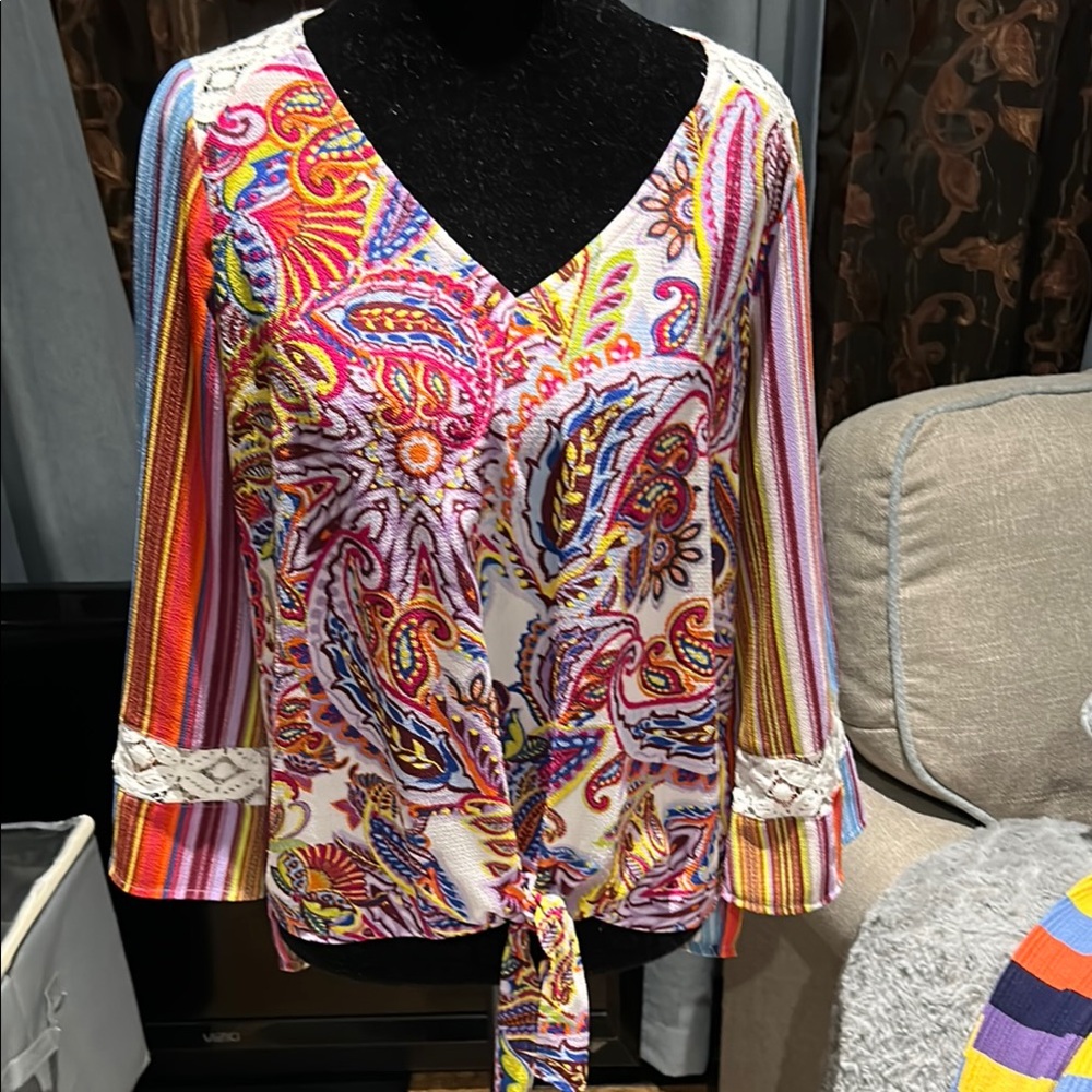 Pink and Orange Graphic Tie Front Blouse with 3/4 Sleeves